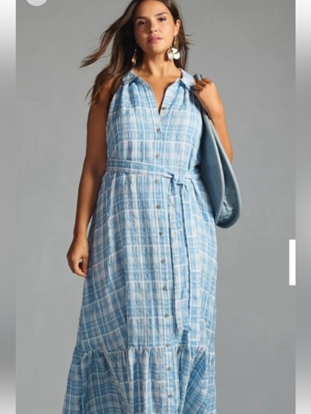 Anthropologie Light Blue Plaid Sleeveless Button-Front Maxi Dress size XL - Picture 2 of 7